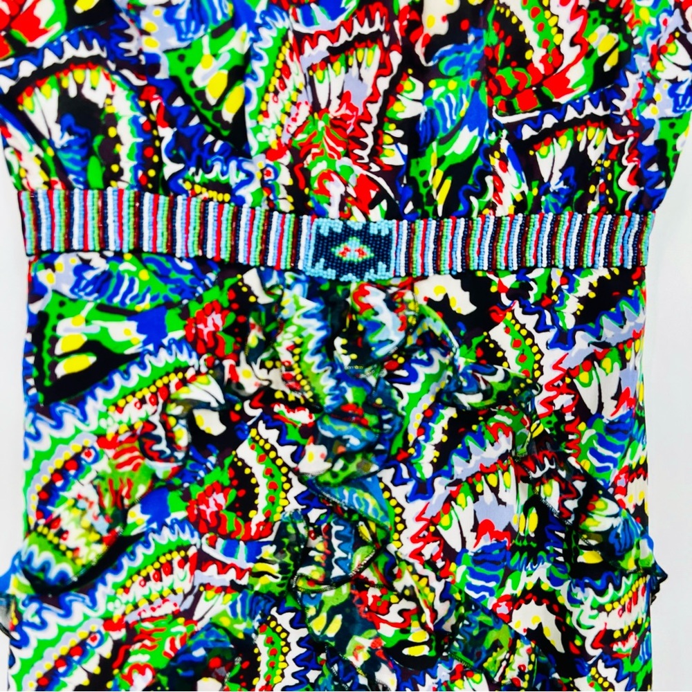 NWT Saloni Dana Silk Crepe Ruffle Floral Bodycon Midi Dress Holi Marina Beaded 2 - Picture 8 of 11